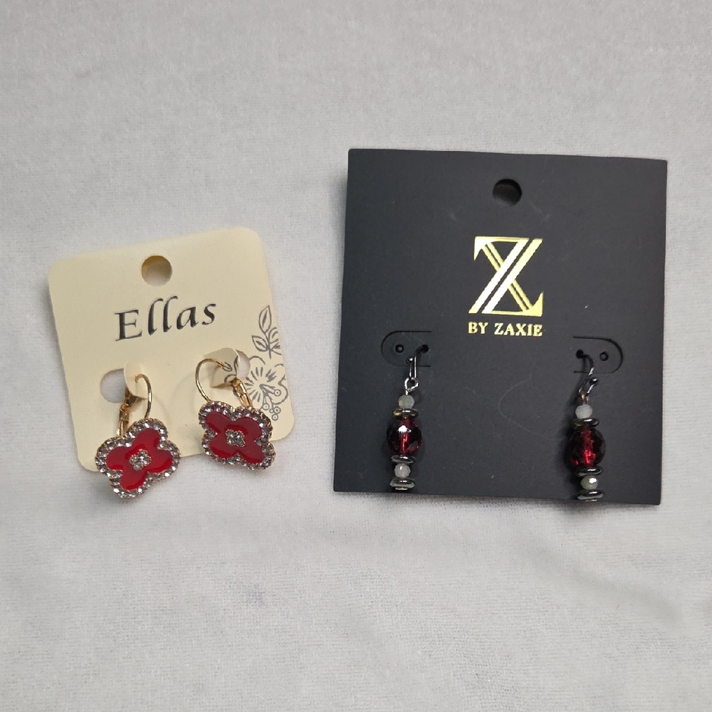 Lot of 2 pair Pierced Earrings Red Clover Beaded Dangle Earrings Rhinestone NWT